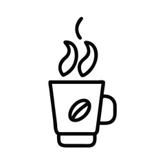 Coffee cup vector illustration with bean icon, Vector illustration of a coffee cup in black outline, featuring a coffee bean icon and stylized steam, representing a hot beverage.

