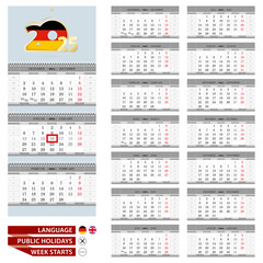 Wall calendar planner template for 2025 year. Germany and English language. Week starts from Monday.