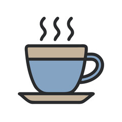Steaming coffee cup vector illustration, Vector illustration of a steaming coffee cup on a saucer, designed in a simple style with a light blue color and black outline.

