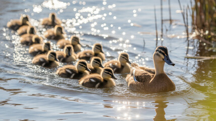 A mother duck and her twelve fluffy ducklings swim together in shimmering water, creating a serene and heartwarming scene in nature.