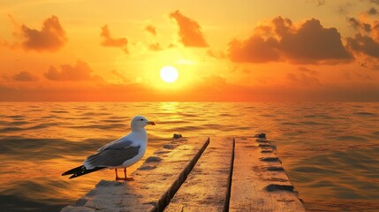 A lone seagull perched on a wooden pier as the sun sets over the ocean, creating a beautiful and serene scene.