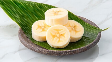 Round Slices of Fresh Banana Dessert on a Leafy Plate with a Natural Marble Background Showcasing the Sweet and Creamy Texture of Tropical Fruits