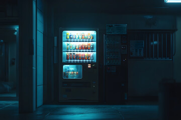 A brightly lit vending machine stands alone in a dimly lit alleyway at night.