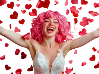Woman with a pink wig and white dress, throwing red hearts in the air, isolated. PNG transparent.