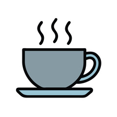 Steaming coffee cup vector illustration, Vector illustration of a steaming coffee cup on a saucer, designed in a simple style with a light blue color and black outline.
