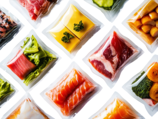 Vacuum-sealed meat, vegetables, and fish, isolated on a white background. PNG transparent.