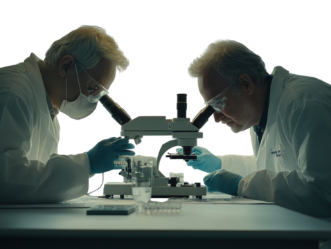 Two scientists using microscopes, wearing lab coats and protective gear, isolated. PNG transparent.