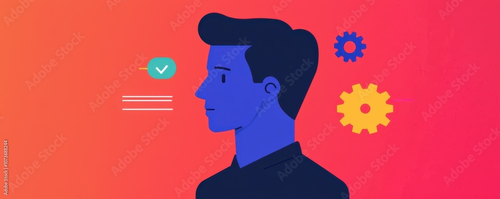 Poster a creative illustration of a blue silhouette of a man with gears and a check mark, symbolizing innov