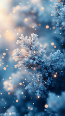 Fototapeta premium Magic blue holiday abstract glitter background with blinking stars and falling snowflakes. Blurred bokeh of Christmas lights.