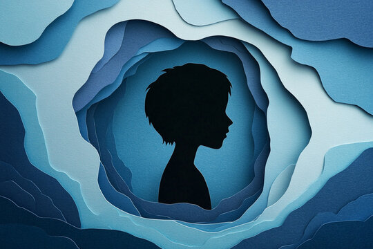 Children anxiety with white silhouette boy and dark clouds over his head. Paper cut composition of child with anxiety thoughts. Mental kids disorder. horizontal poster
