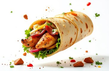 An image of a burrito floating in the air with grilled chicken, bacon and vegetables on a white background surrounded by herbs and spices. The concept of fast food (fajitas, lavash, shawarma)