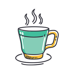Steaming coffee cup vector illustration, Vector illustration of a steaming coffee cup on a saucer, designed in a simple style with a light blue color and black outline.
