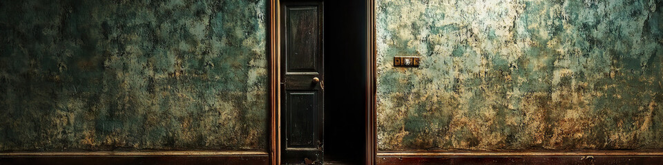 Hidden Room: A peeling wallpaper reveals a hidden door ajar, leading to a dark and dusty room full of forgotten memories and secrets.