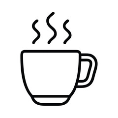 Steaming coffee cup vector illustration in black outline, Minimalistic vector illustration of a steaming coffee cup with a simple black outline, representing a hot beverage like coffee or tea.
