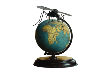 Mosquito sitting on a globe, symbolizing global health concerns, on a plain white background. PNG transparent.