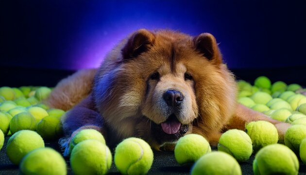 A chow chow puppy dog is surrounded by many tennis balls; chow chow is in the middle of a tennis ball pit; dog photography; a dog is enjoying being surrounded by neon green tennis balls; funny dog
