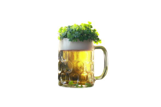 Glass mug of beer with a leprechaun hat and shamrocks on a plain white background. PNG transparent.