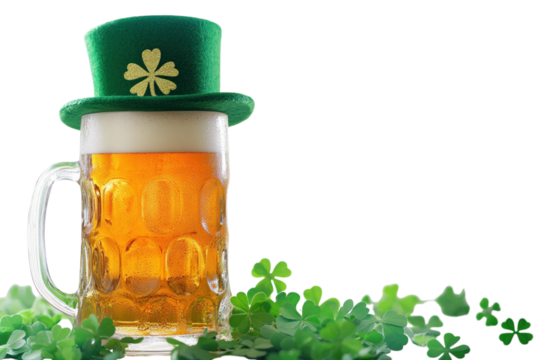 Glass mug of beer with a leprechaun hat and shamrocks on a plain white background. PNG transparent. - Powered by Adobe