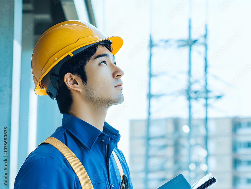 Poster エンジニア、作業員、建設、工事、ヘルメット、男性、日本人、横顔、ビジネス、ゼネコン、インフラ、整備、メンテナンス、ビルメン、ビル、建物、コピースペース、広告、人材、求人、眺める、作業服、監督、監視、警