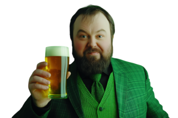 Man dressed in green, holding a pint of green beer, celebrating St. Patrick's Day on a plain white background. PNG transparent.