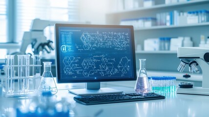 Chemical synthesis hazardous concept. A modern laboratory scene featuring a computer displaying data, surrounded by laboratory glassware and a microscope.