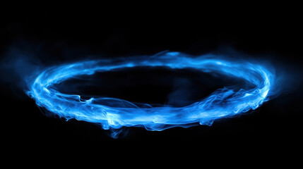 luminous blue smoke ring glows intensely against black background