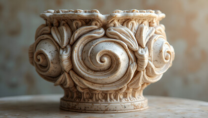 Naklejka premium Original carved stone vase with intricate spiral patterns and warm tones. An elegant monumental stone