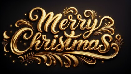 Merry Christmas cursive text in gold texture and finishing; golden cursive text with Merry Christmas written on a dark background; 3D golden text saying Merry Christmas; text and font; holiday season