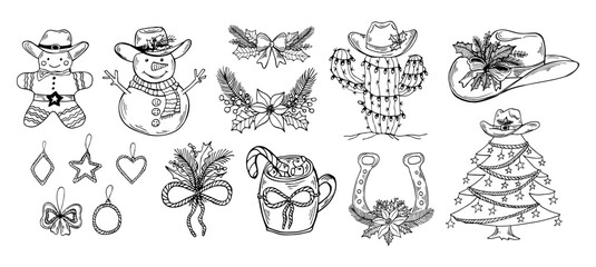 Western Christmas vector hand drawn set illustration. Cowgirl hat, floral ornaments, coquette bow decor, snowman and gingerbread in a cowboy hat, horseshoe line art.