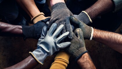 All hands on deck; a group of hands wearing work gloves gathered around with all hands in the middle of the huddle;  teamwork and team unity; workplace cooperation and togetherness; team spirit
