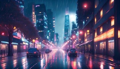 Fototapeta premium A rainy scene of a metropolis city; raining in a big city during night time; rainy night cityscape with street lights and skyscrapers; night photography; graphic resources; graphic elements