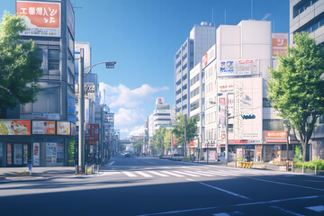 A deserted street in a Japanese city with buildings, trees, and a clear blue sky.