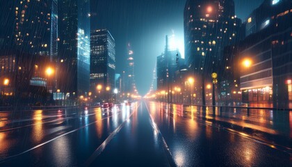 Obraz premium A rainy scene of a metropolis city; raining in a big city during night time; rainy night cityscape with street lights and skyscrapers; night photography; graphic resources; graphic elements