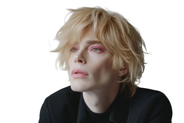 Blonde person with bold pink makeup and stylish hair, on a plain white background. PNG transparent.