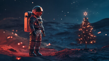 Astronaut Christmas Celebration on Mars with Futuristic Santa and Holiday Lights