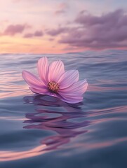 A single pink flower floats on the surface of the ocean at sunset.