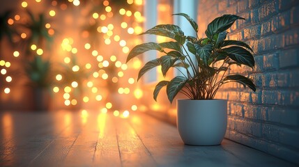 A potted plant in a softly lit room with blurred lights in the background.