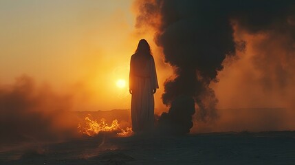 A radiant Jesus, his form gently glowing in the twilight, standing in the desert as Satan’s dark silhouette dissipates into wisps of black smoke, symbolizing the defeat of evil --ar 16:9 --v 6.0 