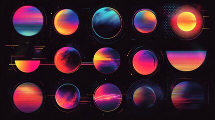 Retrofuturistic design in the 80s and 90s. Circle shapes with glitch and liquid set. Holographic Vaporwave and synthwave. Memphis shapes retrofuturism style for design t-shirts and merchandise.