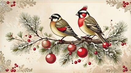 Christmas Tree Birds on Pine Branch with Holiday , Vintage Style card and Winter Floral Accents New year concept .
