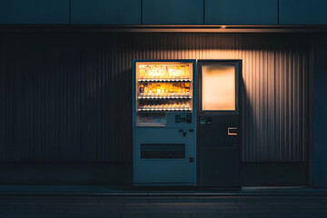 A glowing vending machine stands against a dark wall at night.