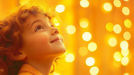 Fototapeta premium A joyful child gazes upward with wonder amidst warm golden lights during a festive celebration
