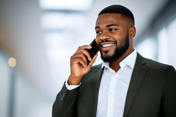 Confident African businessman in gray suit speaks on his mobile phone in a contemporary office setting, emphasizing a professional atmosphere. Copy space.