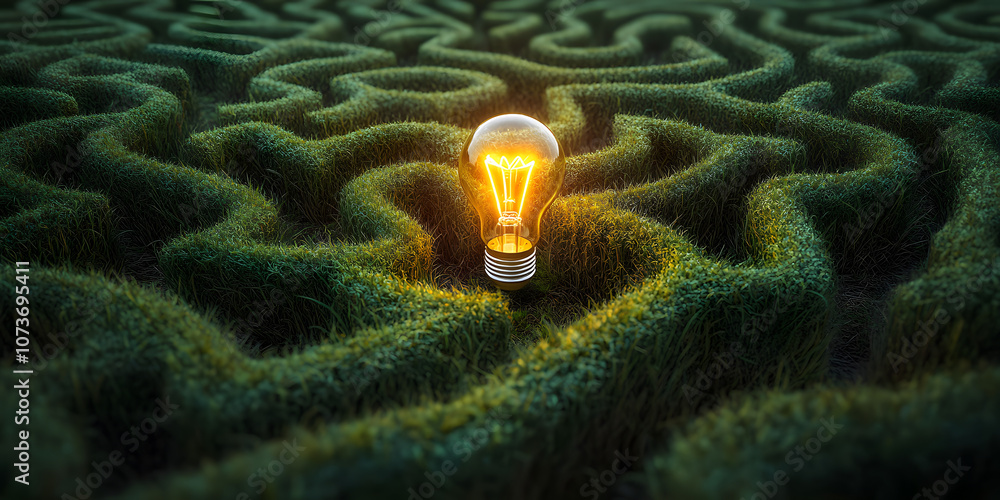 Poster a glowing lightbulb sits at the center of a sprawling, green maze, symbolizing an idea or solution w