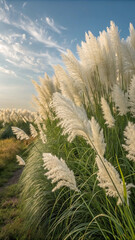 Golden Autumn Landscape with Blooming Pampas Grass Swaying in the Wind at Sunset in Bangladesh Countryside portrait view.