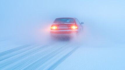 Obraz premium A red car navigating through a blizzard on a snow-covered road in wintertime