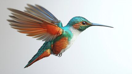  colorful hummingbird in mid-flight on white background