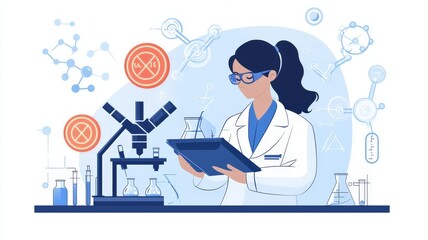 Chemical synthesis hazardous concept. A scientist in a lab coat examines data, surrounded by lab equipment and molecular structures, highlighting research and scientific inquiry.