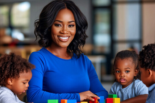 Kindergarten environment where smiling African woman teacher in blue sweatshirt guides children in playful activities with colorful blocks.