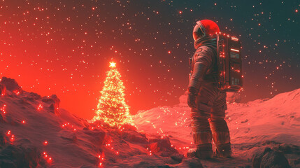 Astronaut Christmas Celebration on Mars with Futuristic Santa and Holiday Lights